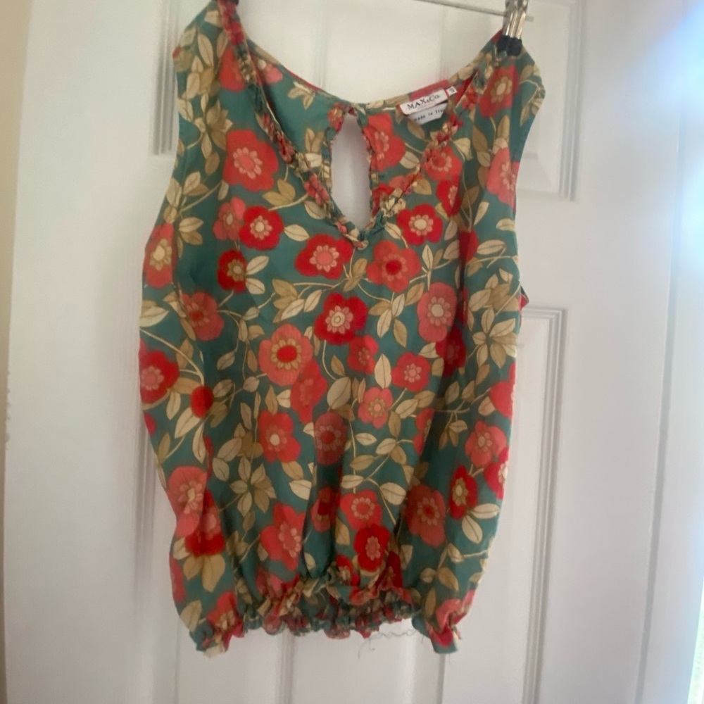 Max Studio Teal Floral Sleeveless Camisole with Red Blooms
